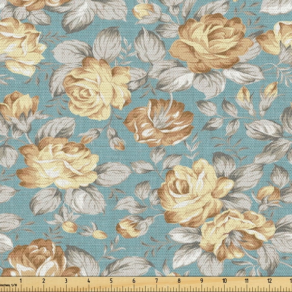 Ambesonne Floral Fabric by the Yard Upholstery, Vintage Vibe Rose Pattern, 3 Yards, Pale Grey Pastel Yellow
