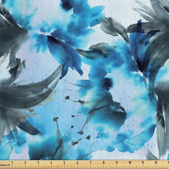 Ambesonne Floral Fabric by the Yard Upholstery, Watercolor Flower Sketch, 1 Yard, White Soft Blue