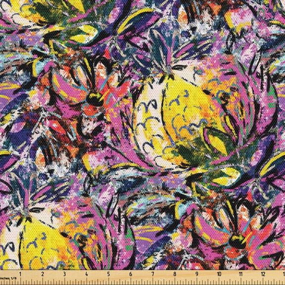 Ambesonne Floral Fabric by the Yard Upholstery, Watercolor Flowers Spring, 2 Yards, Yellow and Dark Green