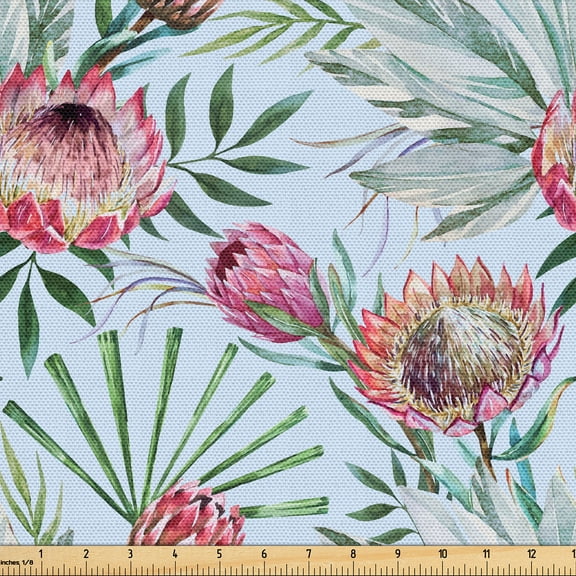 Ambesonne Floral Fabric by the Yard Upholstery, Wild Meadow Flowers Jungle, 1 Yard, Soft Blue Green and Pink