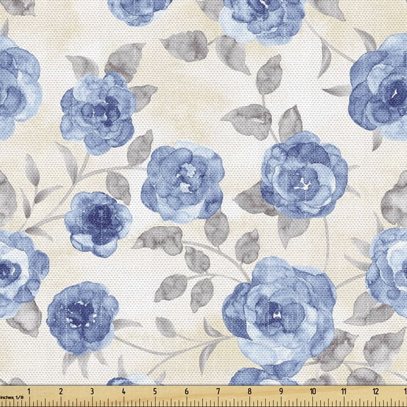 Ambesonne Floral Fabric by the Yard Upholstery, Winter Sketch Roses Artwork, 1 Yard, Blue Pale Grey Cream
