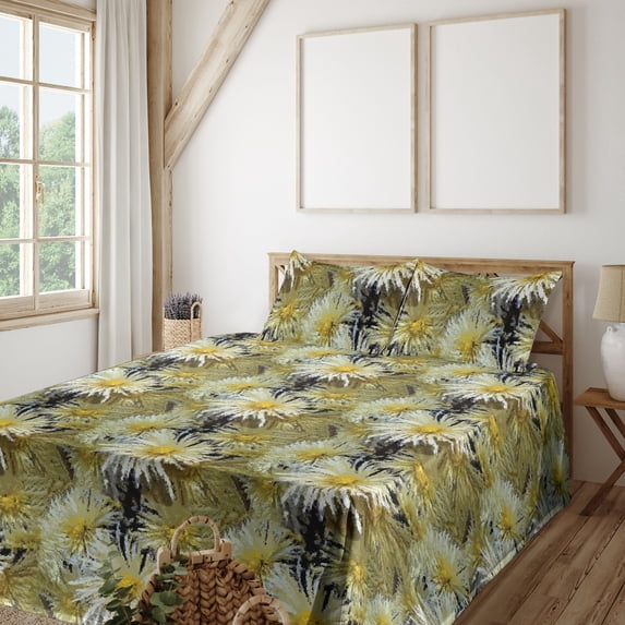 Ambesonne Floral Fitted & Flat Sheet with Sham 3 Pcs Set, Abstract Art Style Asters, Twin, Mustard Khaki Black