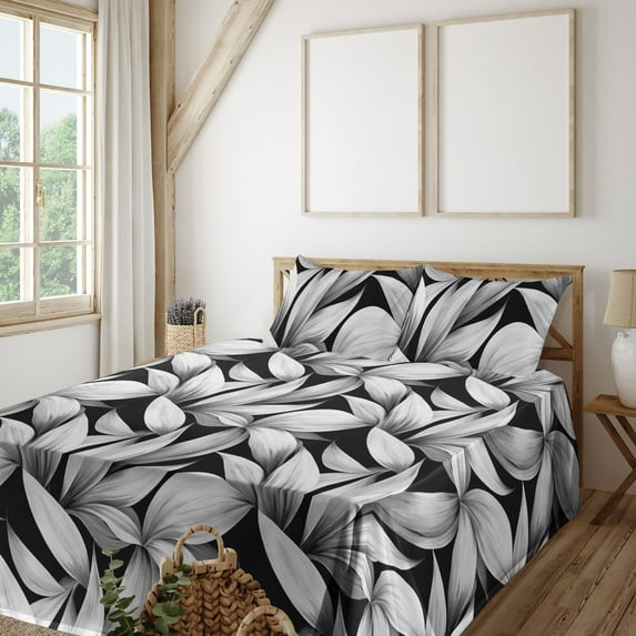 Ambesonne Floral Fitted & Flat Sheet with Sham 3 Pcs Set, Achromatic Tone Leaves Print, Twin, Black and Pale Grey