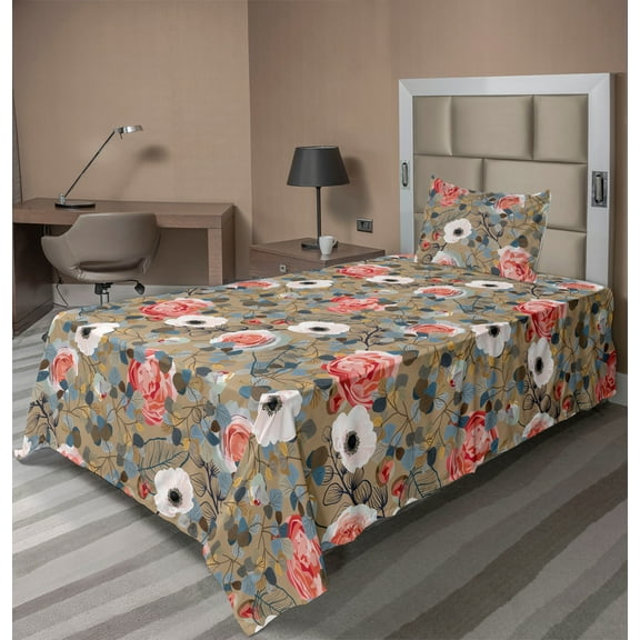 Ambesonne Floral Fitted & Flat Sheet with Sham 3 Pcs Set, Anemone Peony and Leaves, Twin, Dark Tan Coral Blue Grey