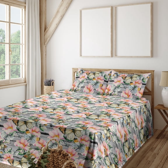 Ambesonne Floral Fitted & Flat Sheet with Sham 3 Pcs Set, Art of Pastel Spring Flowers, Twin, Grey and Multicolor