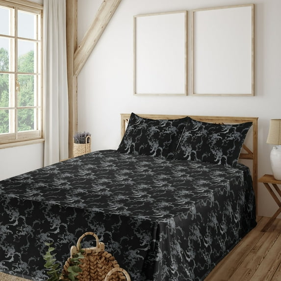 Ambesonne Floral Fitted & Flat Sheet with Sham 3 Pcs Set, Baroque Flowers Goth Rococo, Twin, Grey Black and Charcoal Grey