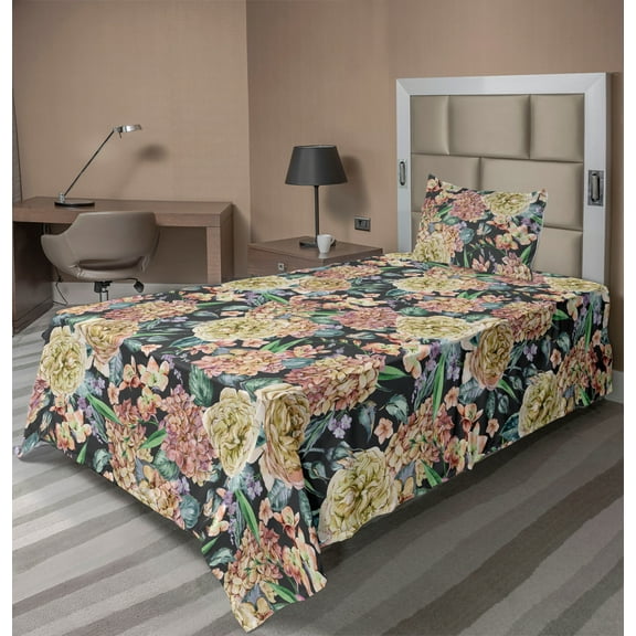 Ambesonne Floral Fitted & Flat Sheet with Sham 3 Pcs Set, Blooming Hydrangea Flowers, Twin XL, Pistachio Green and Soft Pink