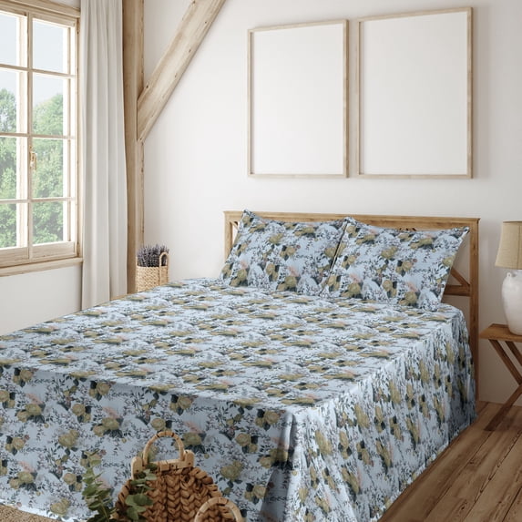 Ambesonne Floral Fitted & Flat Sheet with Sham 3 Pcs Set, Blossoming Roses Romantic, Twin XL, Pale Azure Blue Evergreen