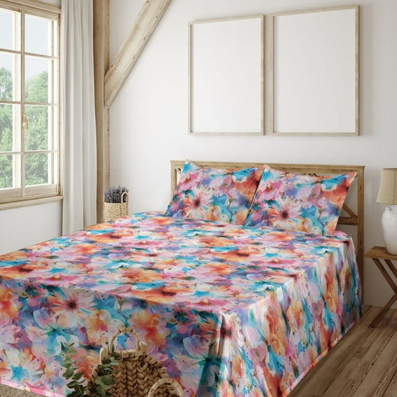 Ambesonne Floral Fitted & Flat Sheet with Sham 3 Pcs Set, Blurry Look Abstract Flowers, Twin, Sky Blue Salmon and Pink