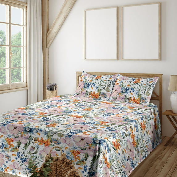 Ambesonne Floral Fitted & Flat Sheet with Sham 3 Pcs Set, Bohemian Garden Branches Art, Twin XL, Rose Orange and Slate Blue