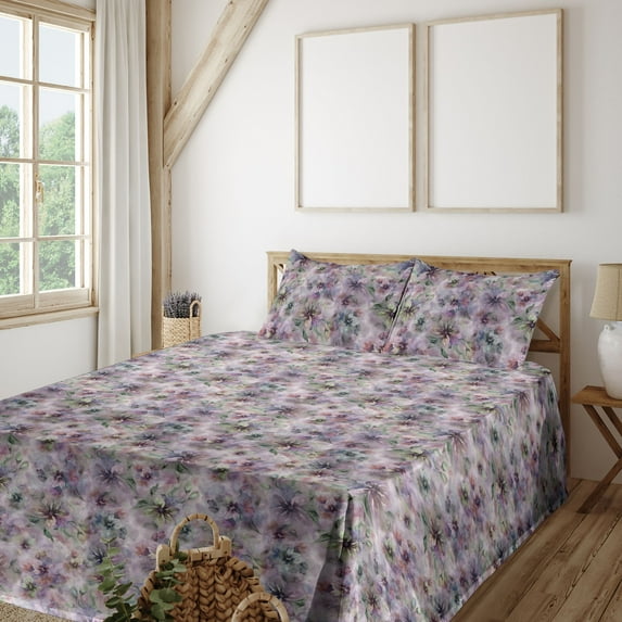 Ambesonne Floral Fitted & Flat Sheet with Sham 3 Pcs Set, Botanical Atmosphere Flowers, Twin, Grey Pink and Pistachio Green