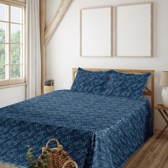 Ambesonne Floral Fitted & Flat Sheet with Sham 3 Pcs Set, Branches of Leaves Oceanic, Twin XL, Teal Aqua and Night Blue