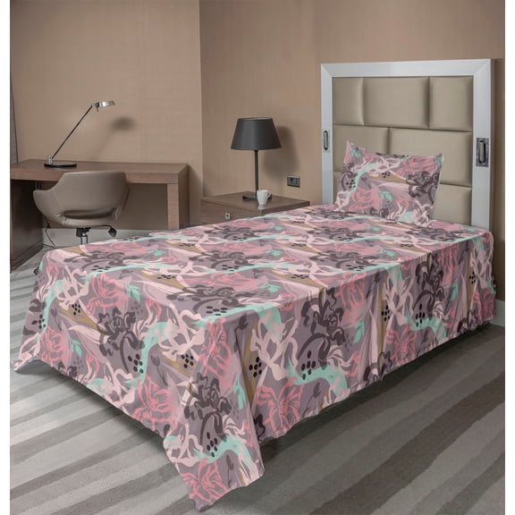 Ambesonne Floral Fitted & Flat Sheet with Sham 3 Pcs Set, Brush Tulip Flowers Plot, Twin, Mint Green and Pastel Pink