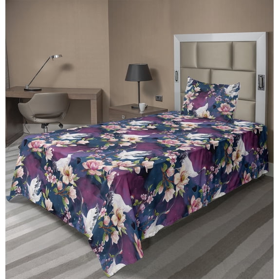 Ambesonne Floral Fitted & Flat Sheet with Sham 3 Pcs Set, Cranes Watercolor Flowers, Twin XL, Mauve Taupe and Pale Khaki