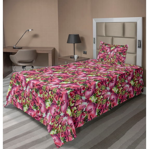 Ambesonne Floral Fitted & Flat Sheet with Sham 3 Pcs Set, Dark Red Orchids Repeating, Twin XL, Pale Fuchsia and Sage Green