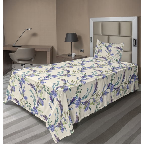 Ambesonne Floral Fitted & Flat Sheet with Sham 3 Pcs Set, Eustoma Flowers Vintage Art, Twin, Pale Purple and Reseda Green