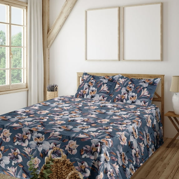 Ambesonne Floral Fitted & Flat Sheet with Sham 3 Pcs Set, Exotic Peruvian Lily Boho, Twin XL, Apricot Peach Slate Blue