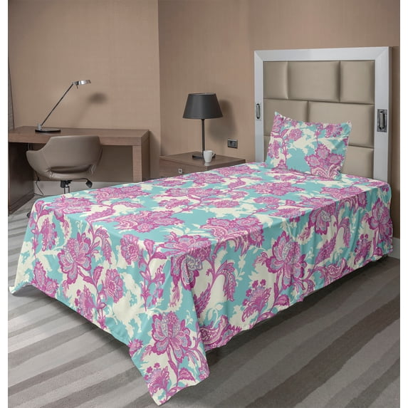 Ambesonne Floral Fitted & Flat Sheet with Sham 3 Pcs Set, Flower Motifs Vintage Art, Twin XL, Pale Fuchsia Seafoam