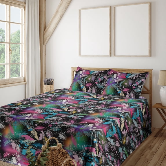 Ambesonne Floral Fitted & Flat Sheet with Sham 3 Pcs Set, Flower Pattern on Night Back, Twin, Eggshell and Pale Rose