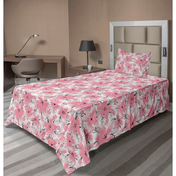 Ambesonne Floral Fitted & Flat Sheet with Sham 3 Pcs Set, Flowers Garden Botanical Art, Twin, Dried Rose White and Grey
