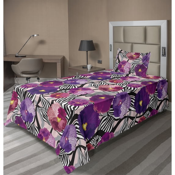 Ambesonne Floral Fitted & Flat Sheet with Sham 3 Pcs Set, Flowers Monochrome Leaves, Twin XL, Eggplant White and Magenta