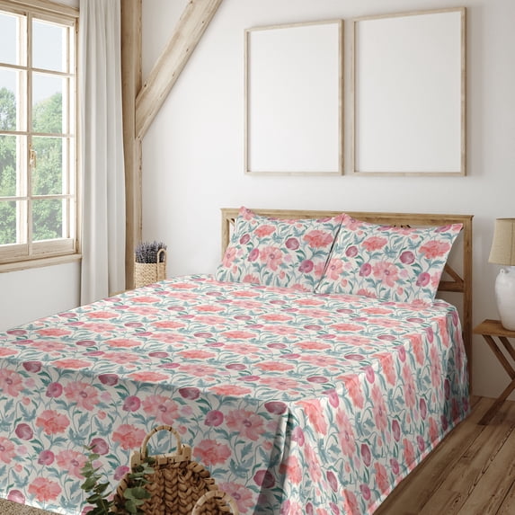 Ambesonne Floral Fitted & Flat Sheet with Sham 3 Pcs Set, Flowers Petals Spring Ivory, Twin XL, Cadet Blue Blush
