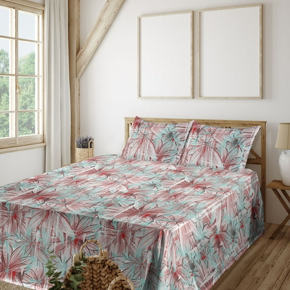 Ambesonne Floral Fitted & Flat Sheet with Sham 3 Pcs Set, Grunge Pastel Flowers Print, Twin XL, Pale Seafoam Rose
