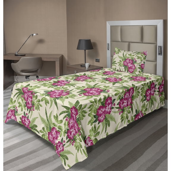 Ambesonne Floral Fitted & Flat Sheet with Sham 3 Pcs Set, Hibiscuses Exotic Nature, Twin, Dark Magenta Khaki and Green