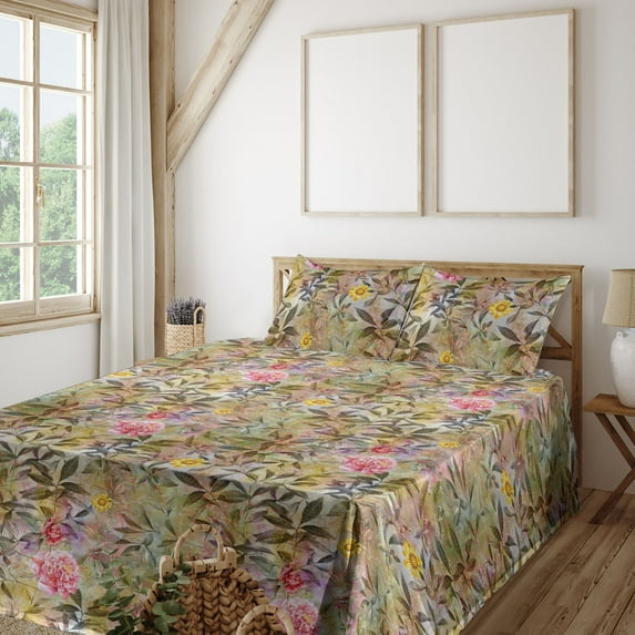 Ambesonne Floral Fitted & Flat Sheet with Sham 3 Pcs Set, Leaf Prints Summer Flowers, Twin, Khaki Sepia and Pink