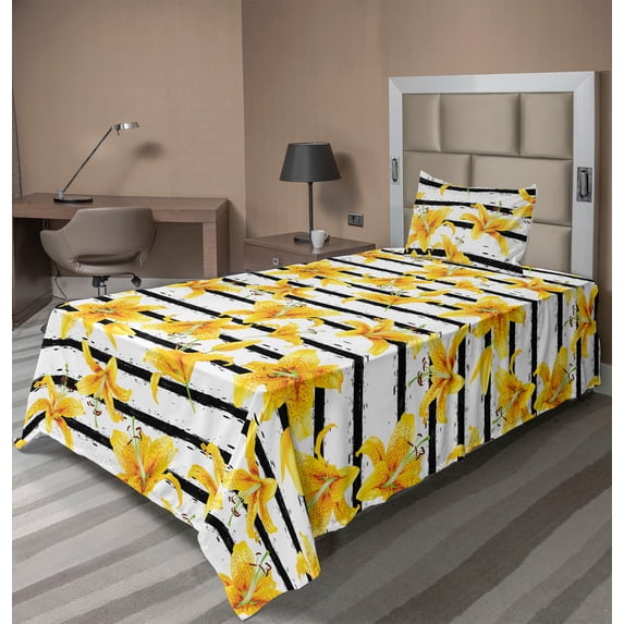 Ambesonne Floral Fitted & Flat Sheet with Sham 3 Pcs Set, Lilies Repeating Lines Art, Twin, Marigold and Charcoal Grey