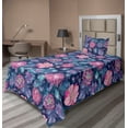 thumbnail image 1 of Ambesonne Floral Fitted & Flat Sheet with Sham 3 Pcs Set, Lotus and Peonies Retro Art, Twin XL, Night Blue and Pale Pink, 1 of 1