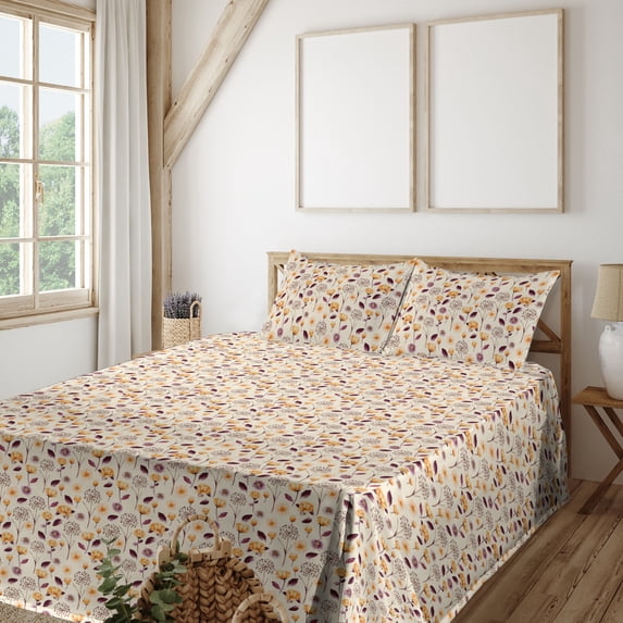 Ambesonne Floral Fitted & Flat Sheet with Sham 3 Pcs Set, Meadow Flowers Spring Garden, Twin XL, Champagne Maroon Orange