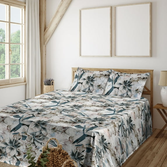 Ambesonne Floral Fitted & Flat Sheet with Sham 3 Pcs Set, Neutral Grunge Pattern Lily, Twin, Dark Tan and Slate Blue