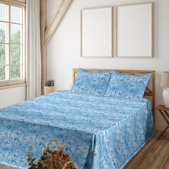 Ambesonne Floral Fitted & Flat Sheet with Sham 3 Pcs Set, Oceanic Colors Flowers Leafy, Twin, Sky Blue