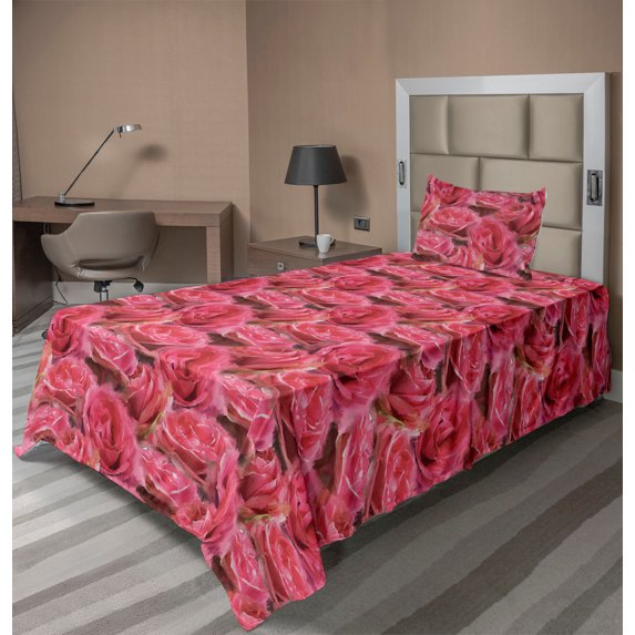 Ambesonne Floral Fitted & Flat Sheet with Sham 3 Pcs Set, Oversimplified Roses Vintage, Twin XL, Dark Coral Pale Taupe