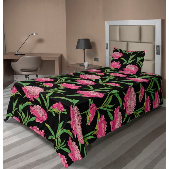 Ambesonne Floral Fitted & Flat Sheet with Sham 3 Pcs Set, Peonies on Dark Background, Twin, Hot Pink and Reseda Green