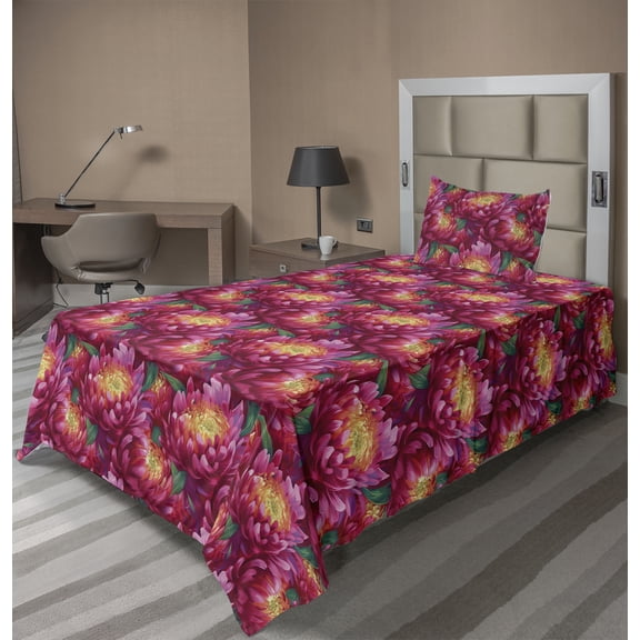 Ambesonne Floral Fitted & Flat Sheet with Sham 3 Pcs Set, Peony Flowers Blossoms Print, Twin, Magenta Yellow Jade Green