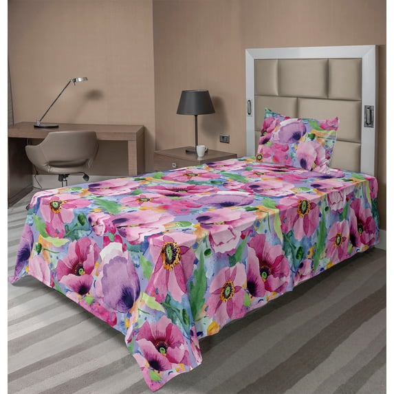 Ambesonne Floral Fitted & Flat Sheet with Sham 3 Pcs Set, Poppies Rustic Watercolor, Twin XL, Pastel Pink and Blue