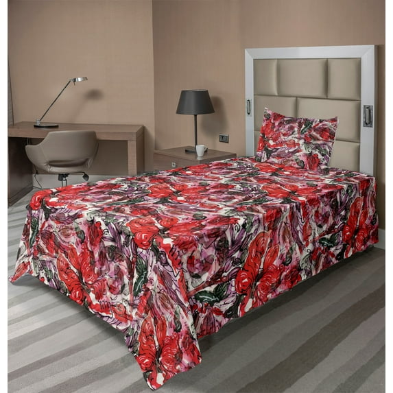 Ambesonne Floral Fitted & Flat Sheet with Sham 3 Pcs Set, Red Flowers Oversimplified, Twin XL, Scarlet Hunter Green and Grey