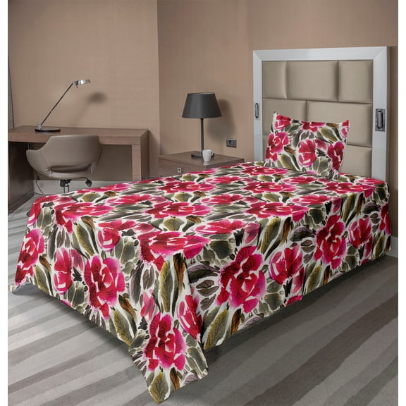Ambesonne Floral Fitted & Flat Sheet with Sham 3 Pcs Set, Romantic Flowers Watercolor, Twin, Hot Pink Fawn and Sepia