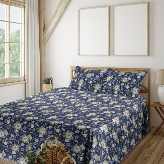 Ambesonne Floral Fitted & Flat Sheet with Sham 3 Pcs Set, Romantic Illustrated Flower, Twin, Indigo Ceil Blue Eggshell