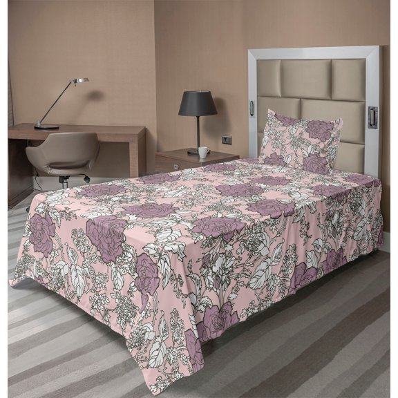 Ambesonne Floral Fitted & Flat Sheet with Sham 3 Pcs Set, Romantic Rose Drawings Print, Twin, Pale Mauve White Sepia