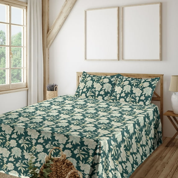 Ambesonne Floral Fitted & Flat Sheet with Sham 3 Pcs Set, Rose Pattern Forest Like Art, Twin, Hunter Green and Cream