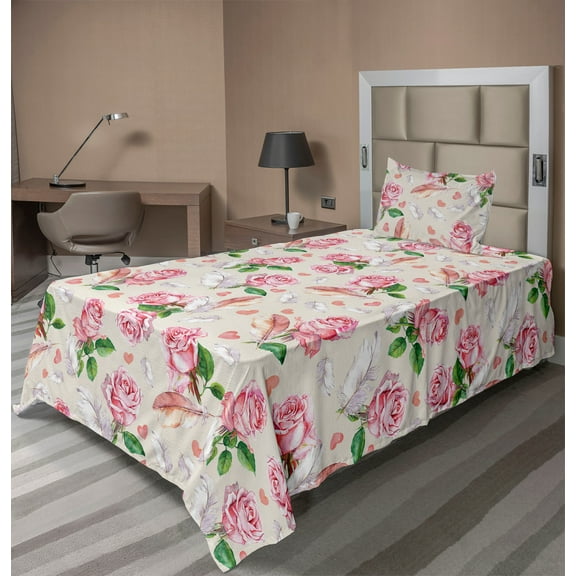 Ambesonne Floral Fitted & Flat Sheet with Sham 3 Pcs Set, Rose Valentine Botanical Art, Twin, Pastel Pink and Fern Green
