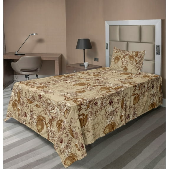 Ambesonne Floral Fitted & Flat Sheet with Sham 3 Pcs Set, Roses Engraving Retro Print, Twin XL, Dark Khaki Champagne
