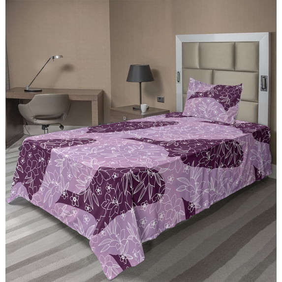 Ambesonne Floral Fitted & Flat Sheet with Sham 3 Pcs Set, Simple Art Botanical Plot, Twin XL, Pale Lilac White Mauve