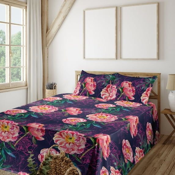 Ambesonne Floral Fitted & Flat Sheet with Sham 3 Pcs Set, Sketch Abstract Peonies Art, Twin XL, Navy Blue and Dark Pink