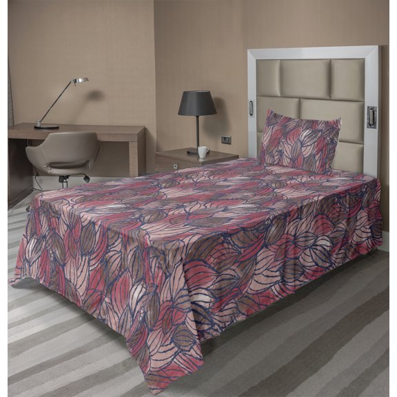 Ambesonne Floral Fitted & Flat Sheet with Sham 3 Pcs Set, Striped Foliage Simplistic, Twin, Pale Ruby Lavender and Blue