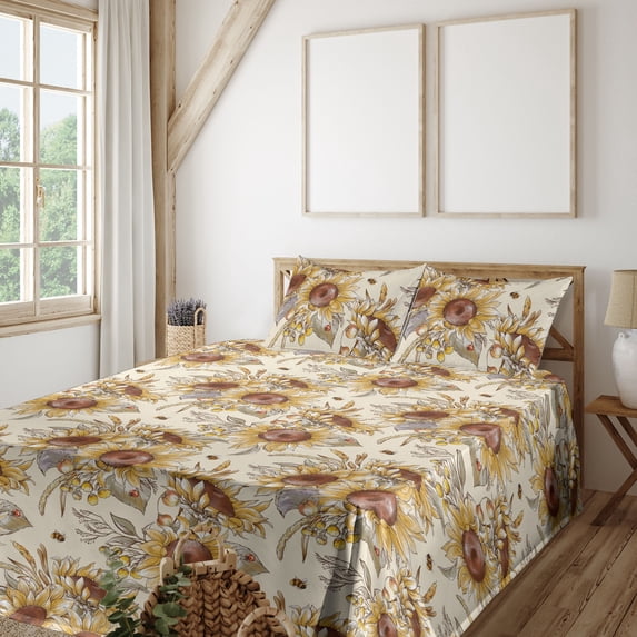 Ambesonne Floral Fitted & Flat Sheet with Sham 3 Pcs Set, Summer Bloom Floral Pattern, Twin XL, Chocolate Mustard and Cream