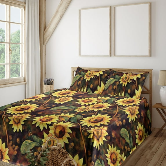 Ambesonne Floral Fitted & Flat Sheet with Sham 3 Pcs Set, Sunflowers Blooming Floral, Twin, Pale Avocado Green and Fawn